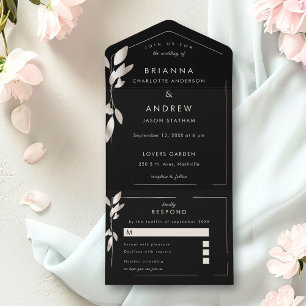 Elegant Black Botanical All in One Wedding Invitation