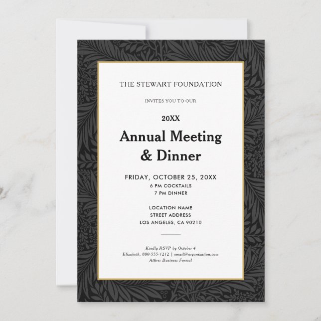 Elegant Black Botanical Annual Business Dinner Invitation (Front)