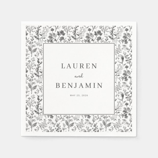 Elegant Black Botanical Border Napkin (Front)