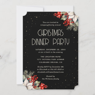 Elegant Black Botanical Christmas Holiday Party Invitation