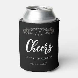 Elegant Black botanical crest monogram wedding Can Cooler
