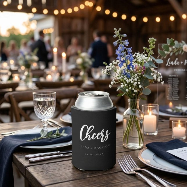 Elegant Black botanical crest monogram wedding Can Cooler (Creator Uploaded)
