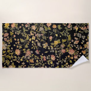 Elegant Black Botanical Floral Beach Towel