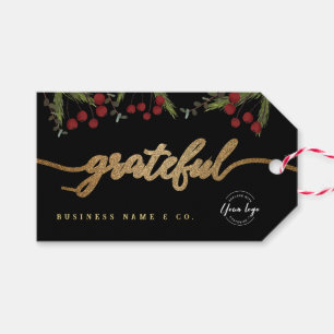 Elegant Black Botanical “Grateful” Holiday Custom Gift Tags