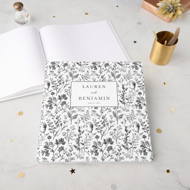 Elegant Black Botanical Guest Book (Front Open)