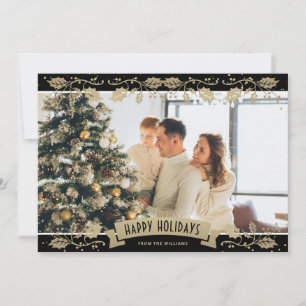 Elegant Black Botanical Photo Happy Holidays Card