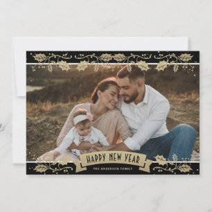 Elegant Black Botanical Photo New Year Holiday Card