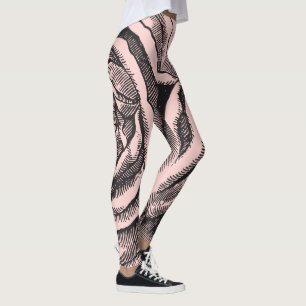Elegant Black Botanical Rose on Blush Pale Pink Leggings