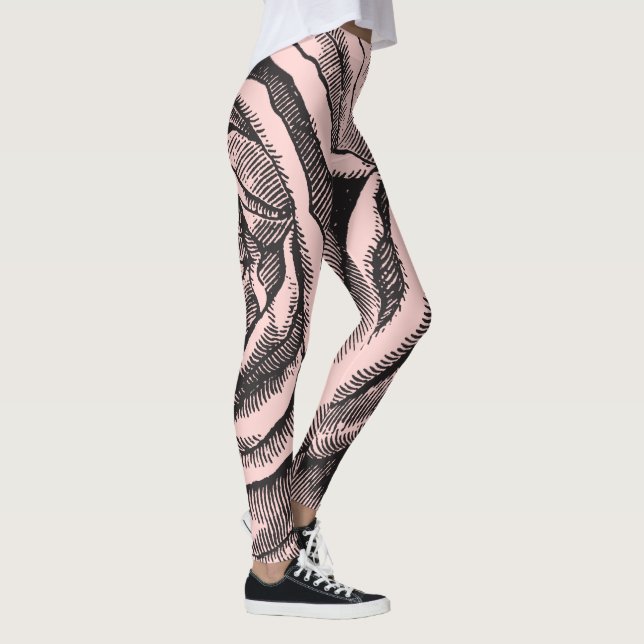 Elegant Black Botanical Rose on Blush Pale Pink Leggings (Right)