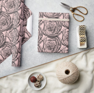Elegant Black Botanical Rose on Blush Pale Pink Wrapping Paper
