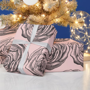 Elegant Black Botanical Rose on Blush Pale Pink Wrapping Paper