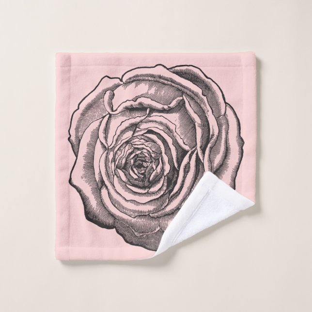 Elegant Black Botanical Rose on Pale Blush Pink Bath Towel Set (Wash Cloth)