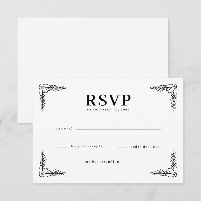 Elegant Black Botanical RSVP Card (Front/Back)