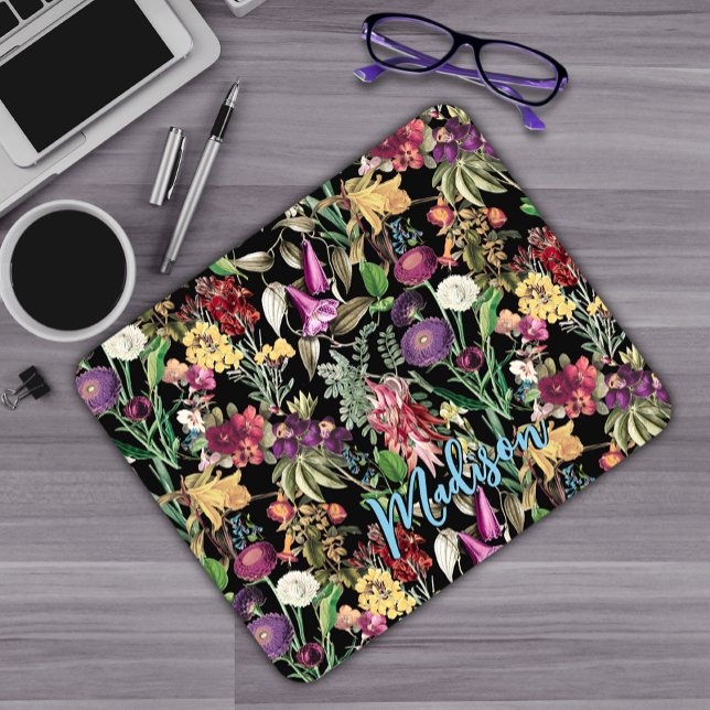 Elegant Black Botanical Wildflower Pattern Mouse Mat (Creator Uploaded)