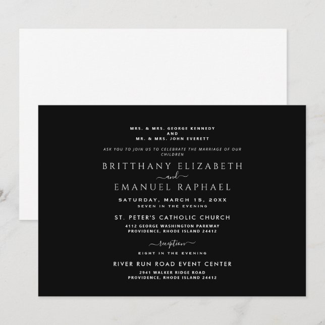 Elegant Black Both Parents Listed Wedding  Invitation (Front/Back)
