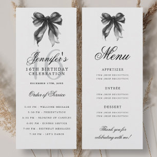 Elegant Black Bow 16th Birthday Party Program Menu Invitation