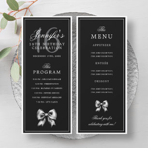 Elegant Black Bow 16th Birthday Program Menu Invitation