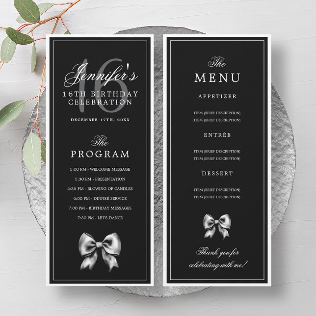 Elegant Black Bow 16th Birthday Program Menu  Invitation (Elegant Black Bow 16th Birthday Program Menu )