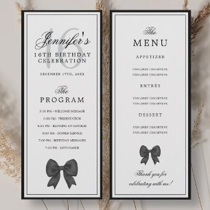 Elegant Black Bow 16th Birthday Program Menu Invitation