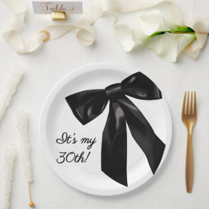 Elegant Black Bow 30th Birthday Paper Plates