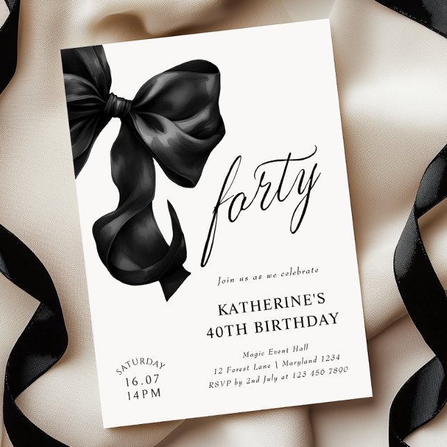 Elegant Black Bow 40th Birthday  Invitation (Creator Uploaded)