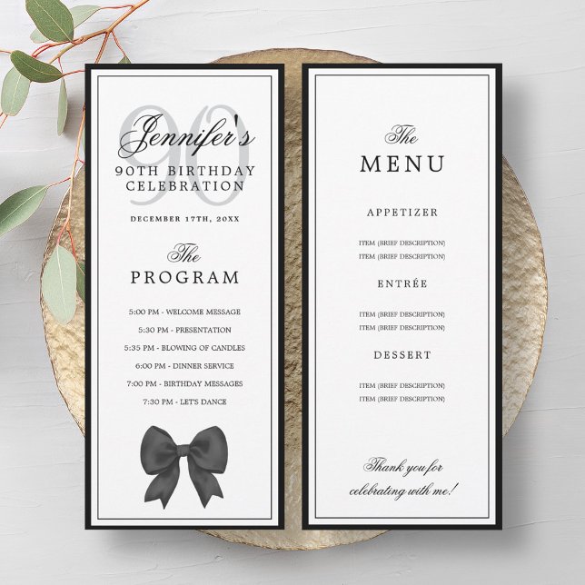 Elegant Black Bow 90th Birthday Program + Menu  Invitation (Elegant Black Bow 90th Birthday Program + Menu )