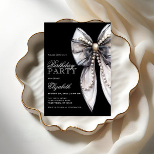 Elegant Black Bow and Pearl Birthday Party Invitation