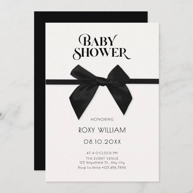 Elegant black bow baby shower invitation (Front/Back)