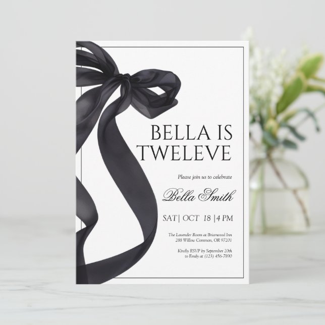 Elegant Black Bow Birthday Invitation (Standing Front)