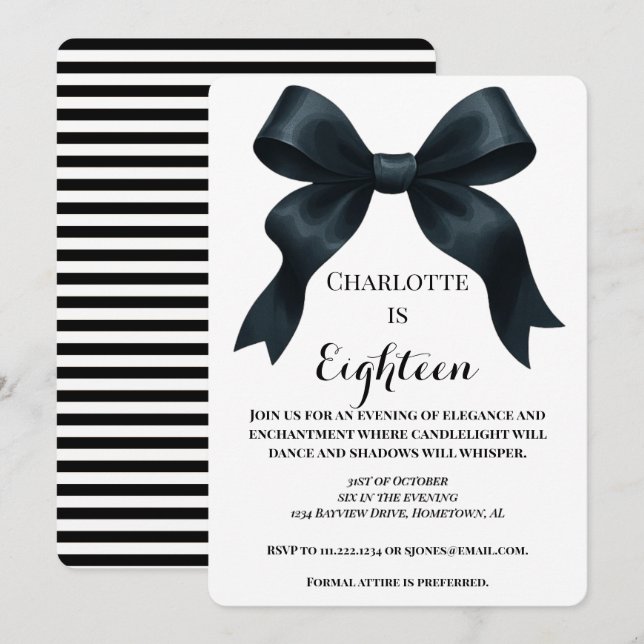 Elegant Black Bow Birthday Invite - Black Stripe (Front/Back)