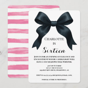 Elegant Black Bow Birthday Invite - Pink Stripe