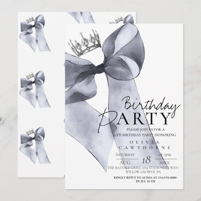 Elegant Black Bow Birthday Party  Invitation (Front/Back)