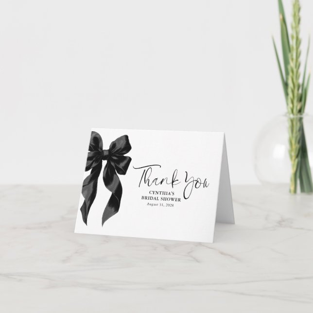 Elegant Black Bow Bridal Shower Thank You Card (Front)