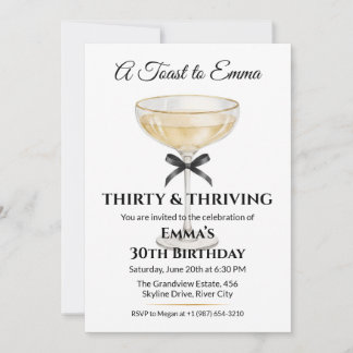 Elegant Black Bow & Champagne 30th Birthday Party Invitation