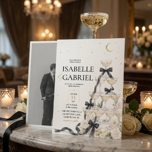 Elegant Black Bow Champagne Tower Photo Wedding Invitation