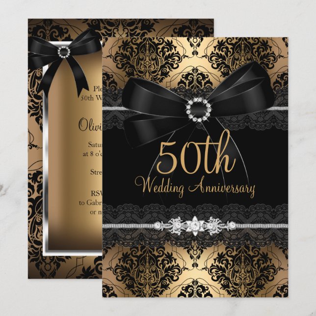 Elegant Black Bow Damask Gold 50th Anniversary 2 Invitation (Front/Back)
