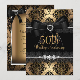 Elegant Black Bow & Damask Gold 50th Anniversary 2 Invitation
