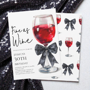 Elegant Black Bow Fine as Wine 30th Birthday Party Invitation