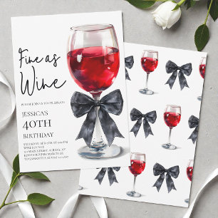 Elegant Black Bow Fine as Wine 40th Birthday Party Invitation