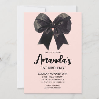 Elegant Black bow Girl birthday Invitation