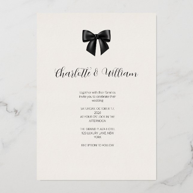 Elegant Black Bow Gold Foil Wedding Invitation (Front)