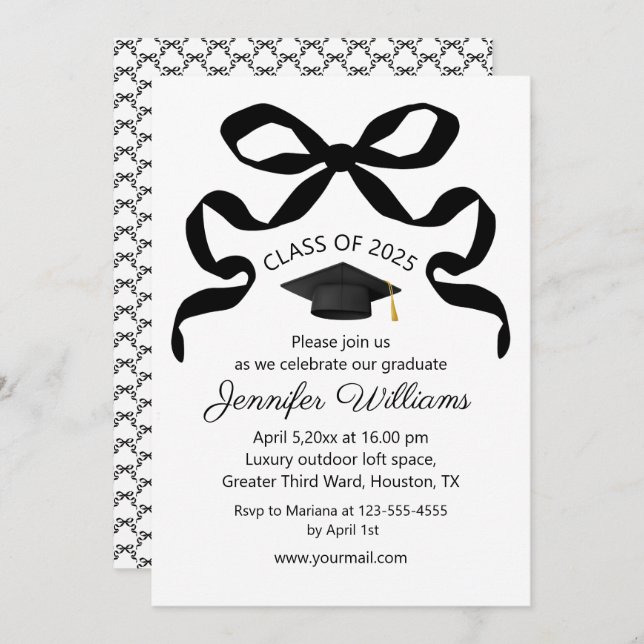 elegant black bow graduation party class of 2025 invitation (Front/Back)