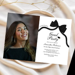 Elegant Black Bow Graduation Party Photo Invitation
