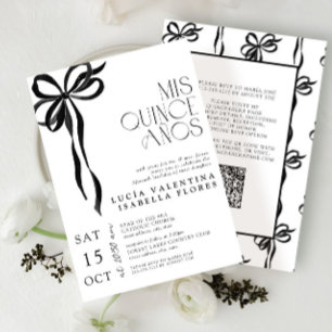 Elegant Black Bow Mis Quince Años QR Quinceañera  Invitation