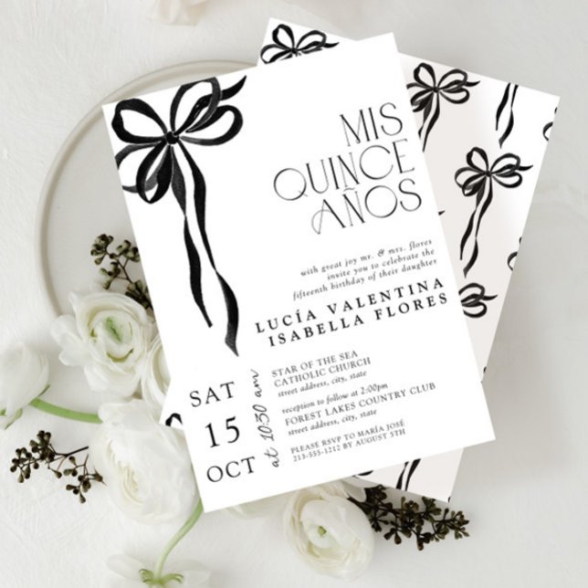 Elegant Black Bow Mis Quince Años Quinceañera  Invitation (Creator Uploaded)