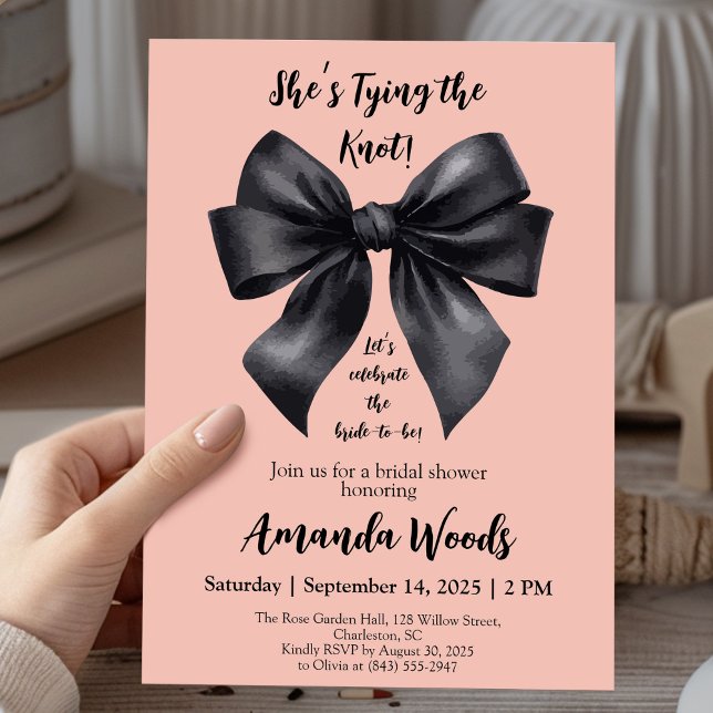 Elegant Black Bow on Pastel Pink Bridal Shower Invitation (Creator Uploaded)