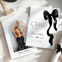 Elegant Black Bow Photo Grad Party Invitation