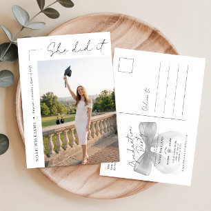 Elegant Black Bow Photo Grad Party Invitation Postcard