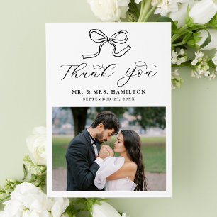 Elegant Black Bow Photo Wedding Thank You Card