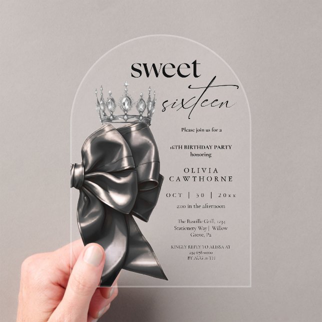 Elegant Black Bow ⎮ Sweet 16 Birthday  Acrylic Invitations (Insitu (Handheld))